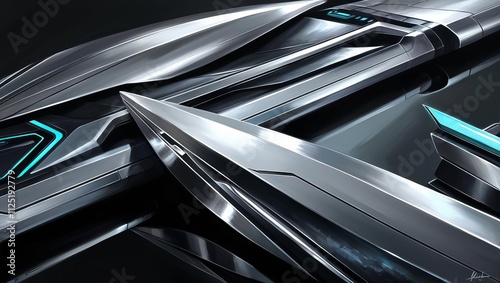 A close-up of sleek, futuristic metallic blades with sharp edges and glowing blue accents, showcasing advanced design and high-tech aesthetics.