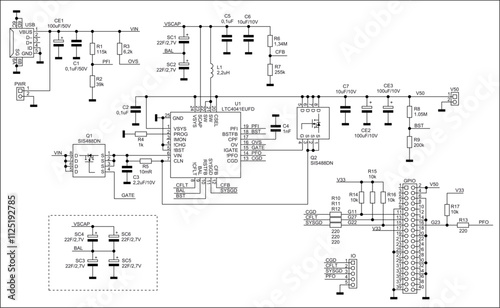 Schematic diagram of digital electronic device 
on paper sheet. Vector drawing electrical circuit with 
integrated circuit, micro controller,
usb connector,
capacitor, resistor, other components.