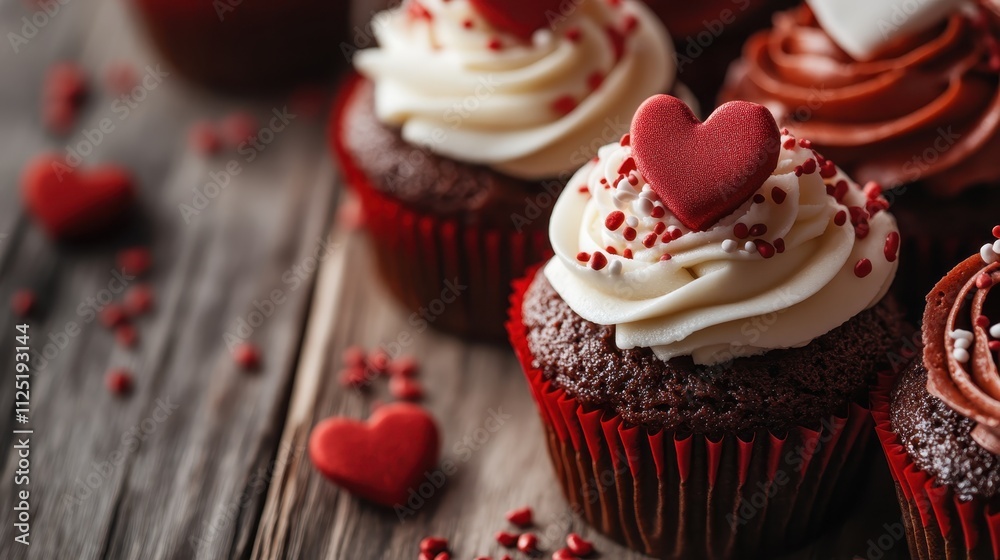 Delicious chocolate cupcakes topped with creamy icing and heart-shaped decorations, perfect for conveying love and sweetness in a delightful, tasty treat. Delicious chocolate cupcakes topped with creamy icing and heart-shaped decorations, perfect for conveying love and sweetness in a delightful, tasty treat.