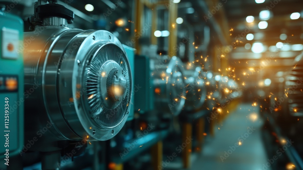 A row of modern turbine machinery is shown in action, emitting glowing sparks, highlighting the energetic and innovative spirit of present-day industrial design. A row of modern turbine machinery is shown in action, emitting glowing sparks, highlighting the energetic and innovative spirit of present-day industrial design.