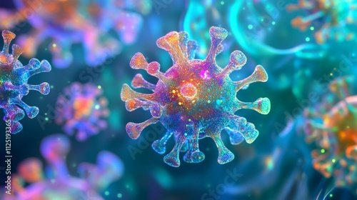 Vibrant AI-generated close-up of a virus particle floating against a soft, glowing background, showcasing intricate details and bright colors. AI generated.