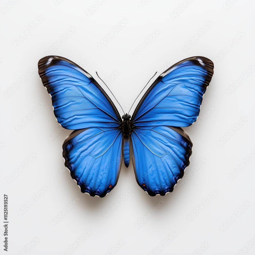 Obraz premium Beautiful blue butterfly resting on a pristine white background showcasing its vivid colors and intricate patterns