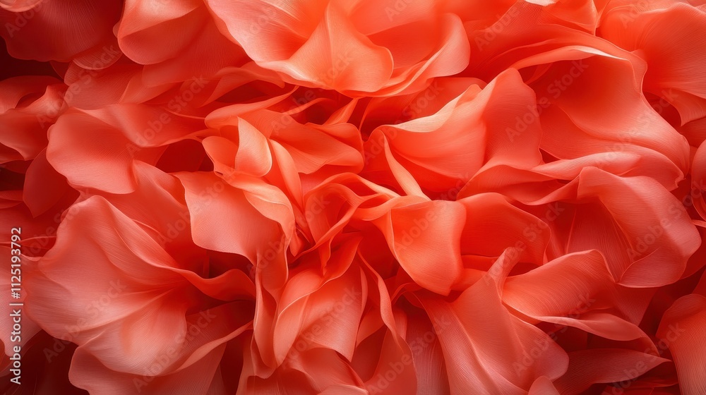 A mesmerizing floral abstraction featuring vibrant coral red waves that appear like delicate petals, creating a beautifully soft and harmonious visual essence.