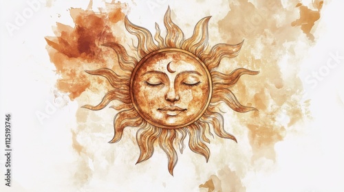 Golden Sun with Moon Face - Vintage Spiritual Art Print