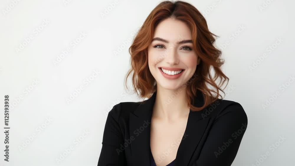 Smiling Businesswoman in Formal Attire Against a Plain Background Smiling Businesswoman in Formal Attire Against a Plain Background