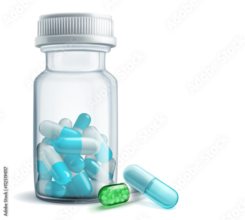 A clear medicine bottle with plastic cap filled with light blue capsules, next to it are two capsules - green and blue.