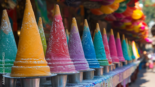 Close-up of colorful Dondurma cones in traditional Turkish stands photo