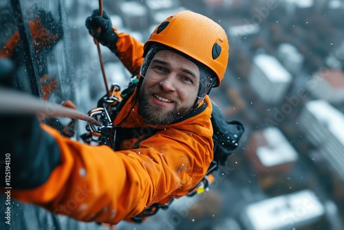 Worker hangs lifelessly from a building while suspended by ropes without holding on in a challenging environment