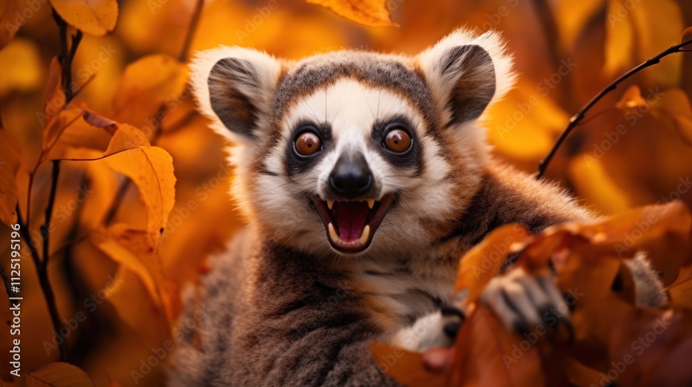 Fototapeta premium Portrait of happy lemur rejoices in autumn.