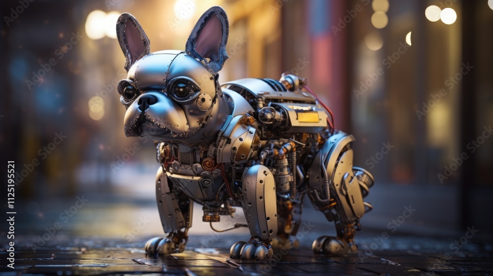 Unique robotic dog sculpture displayed in urban setting at night with soft lighting Unique robotic dog sculpture displayed in urban setting at night with soft lighting