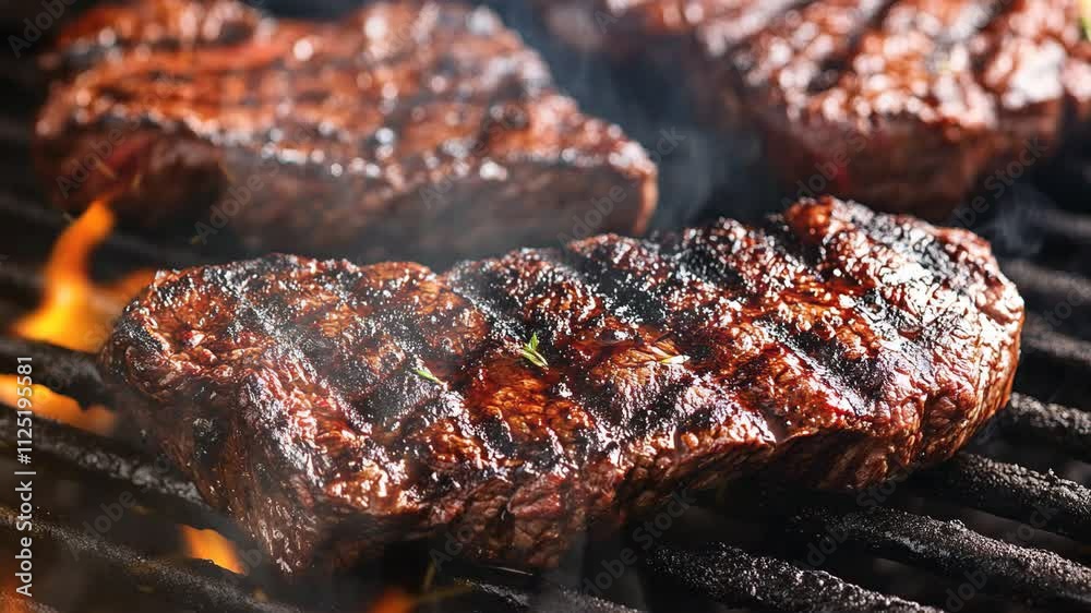 Skirt Steak on barbecue grill moves with smoke around Skirt Steak on barbecue grill moves with smoke around