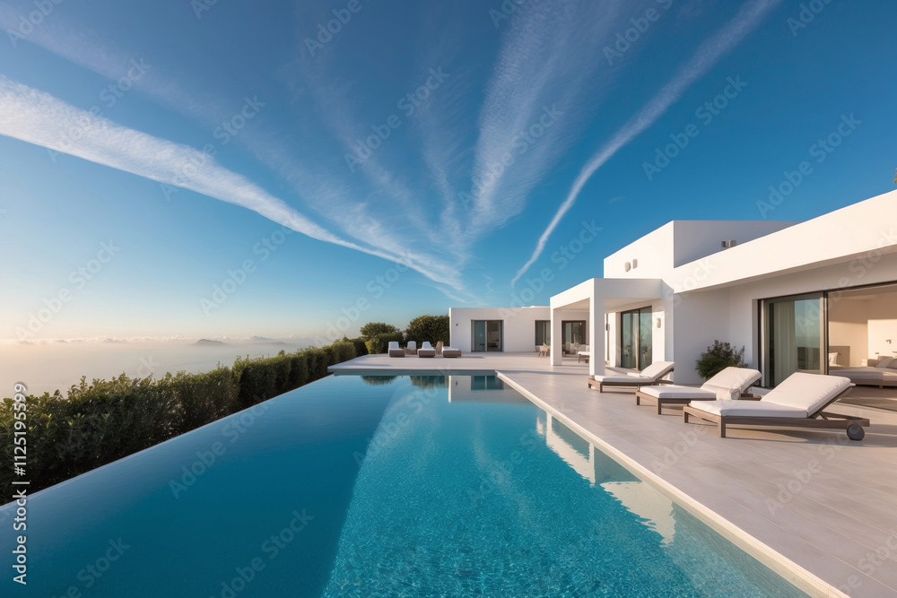 Fototapeta premium Modern villa with infinity pool overlooking serene landscape at sunset