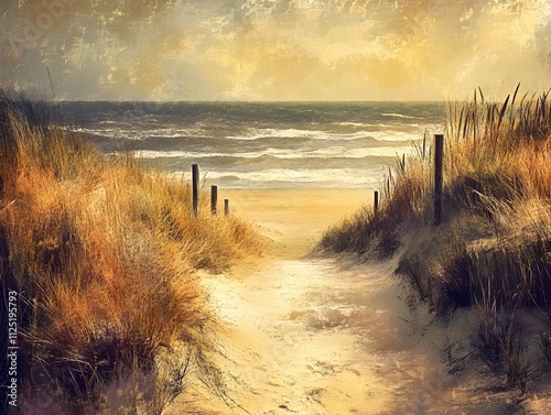 path to North sea beach in gold sunshine photo