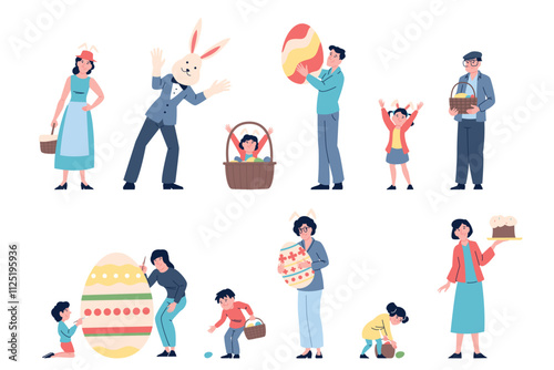 Easter people happy characters. Adults and children with eggs in baskets, cakes and easter fest decorations. Cute children egg hunter, recent vector set