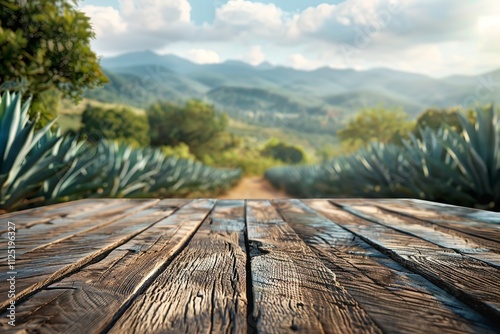 A close-up of a rustic, barren wooden table with a fuzzy background of a Mexican agave farm. Generative Ai