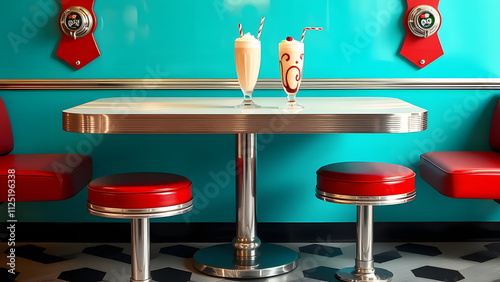  1950s-style diner table with a vibrant teal backdrop, featuring a milkshake.