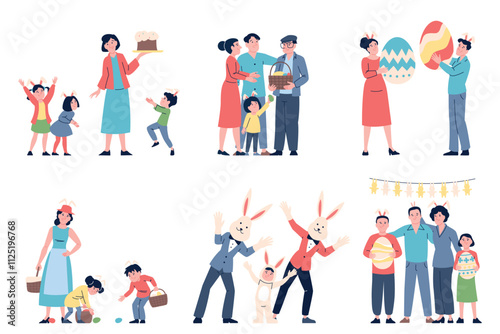 Family easter celebrating. People with children, adults and teens celebrate spring festival together. Flat characters with eggs, baskets, recent vector set