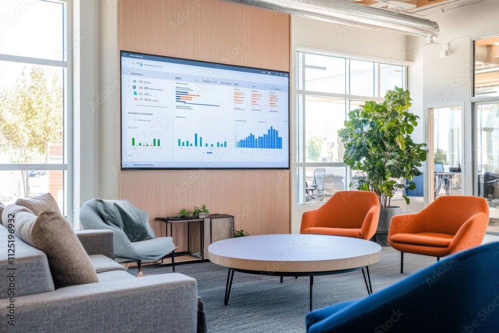 Modern Office Lobby with Large Screen Displaying Business Data Modern Office Lobby with Large Screen Displaying Business Data
