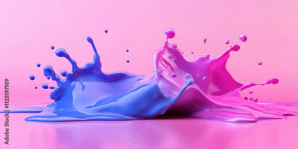 Fototapeta premium Colorful splashes of pink and blue paint create vibrant abstract patterns on a smooth surface with soft gradient background for artistic designs and concepts