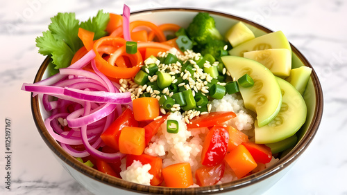 colorful poke bowl with fresh vegetables, rice, and sesame seeds on a marble countertop