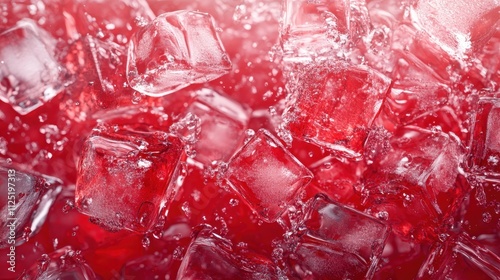 Red ice cubes suspended in a vibrant red liquid, creating a visually striking and cool atmosphere, emphasizing modern art elements of fluidity and bold color contrast.