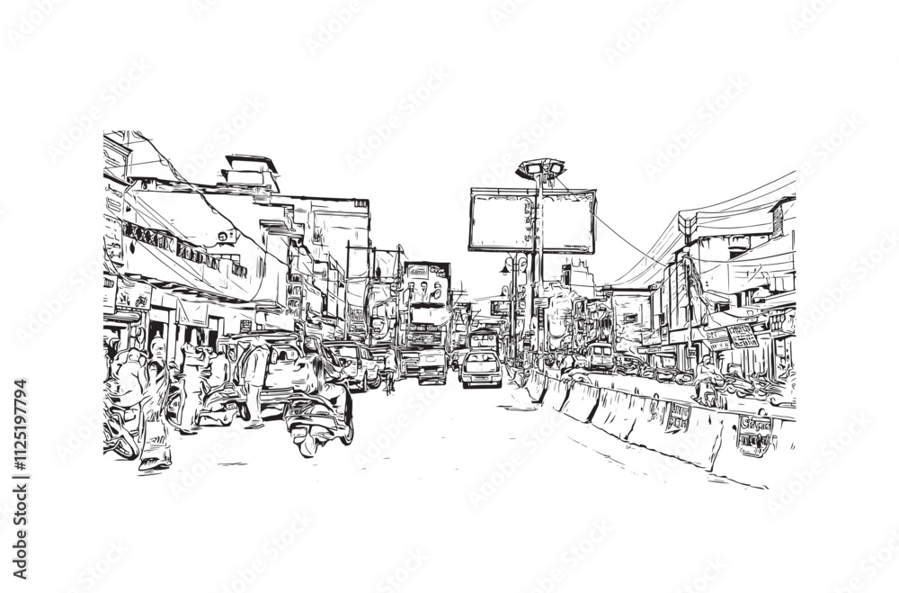 Building view with landmark of Varanasi is the city in India. Hand drawn sketch illustration in vector.