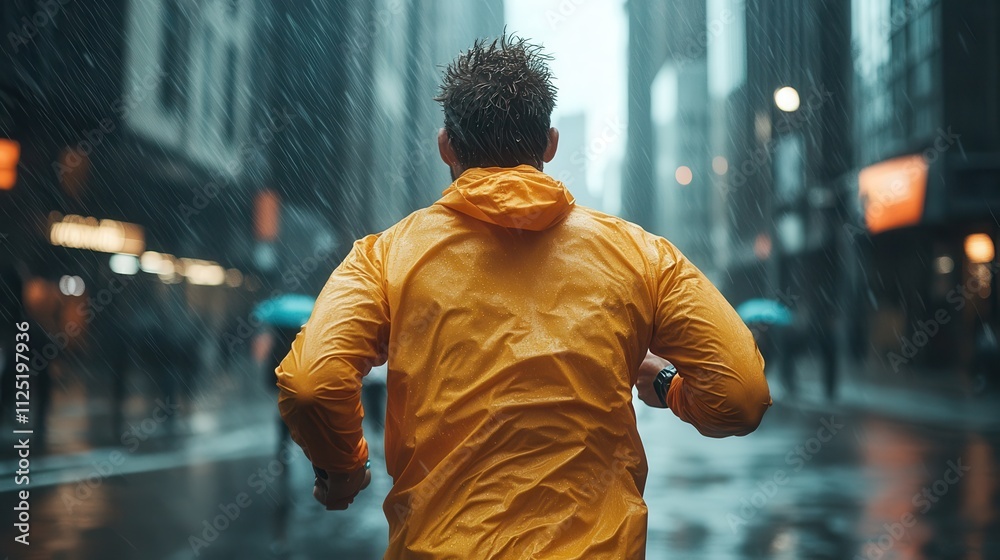 A man in a vibrant yellow raincoat runs through a city street amidst a downpour, highlighting resilience and determination in the face of urban life challenges. A man in a vibrant yellow raincoat runs through a city street amidst a downpour, highlighting resilience and determination in the face of urban life challenges.