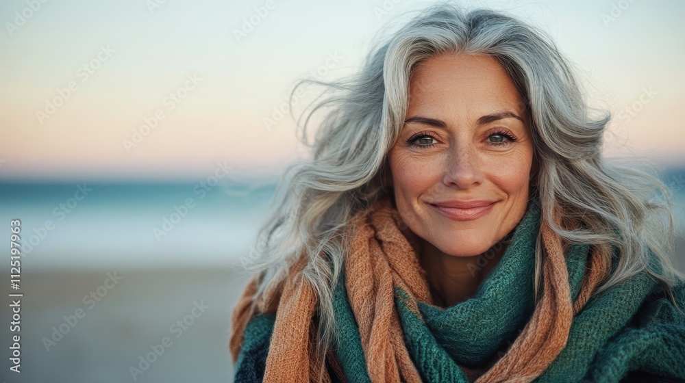 With a peaceful expression, a woman with flowing gray hair is wrapped in cozy scarves, enjoying a serene moment by the seaside, symbolizing tranquility and joy. With a peaceful expression, a woman with flowing gray hair is wrapped in cozy scarves, enjoying a serene moment by the seaside, symbolizing tranquility and joy.