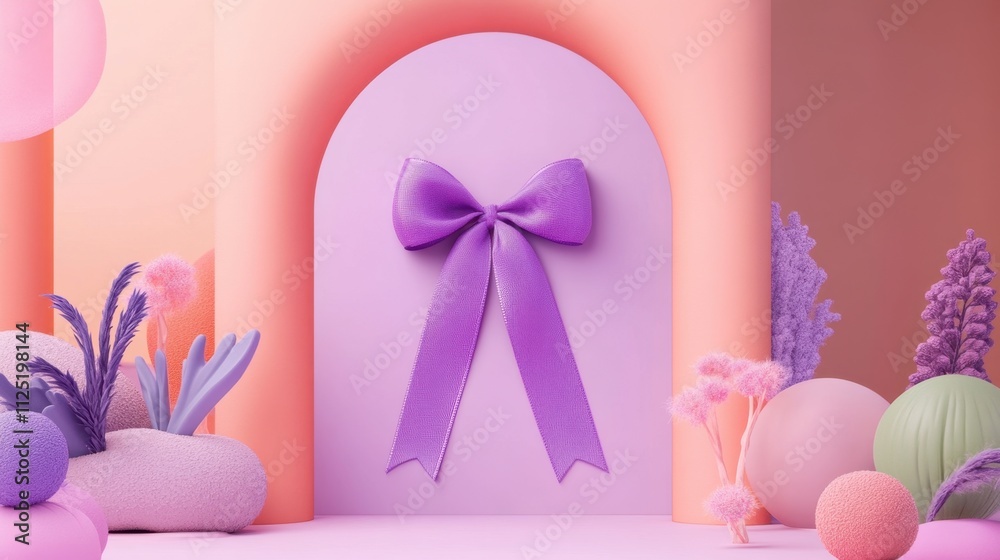 Pastel Dreamland: Purple Bow on a Lavendar Archway with Soft Floral Accents and 3D Rendered Background Pastel Dreamland: Purple Bow on a Lavendar Archway with Soft Floral Accents and 3D Rendered Background