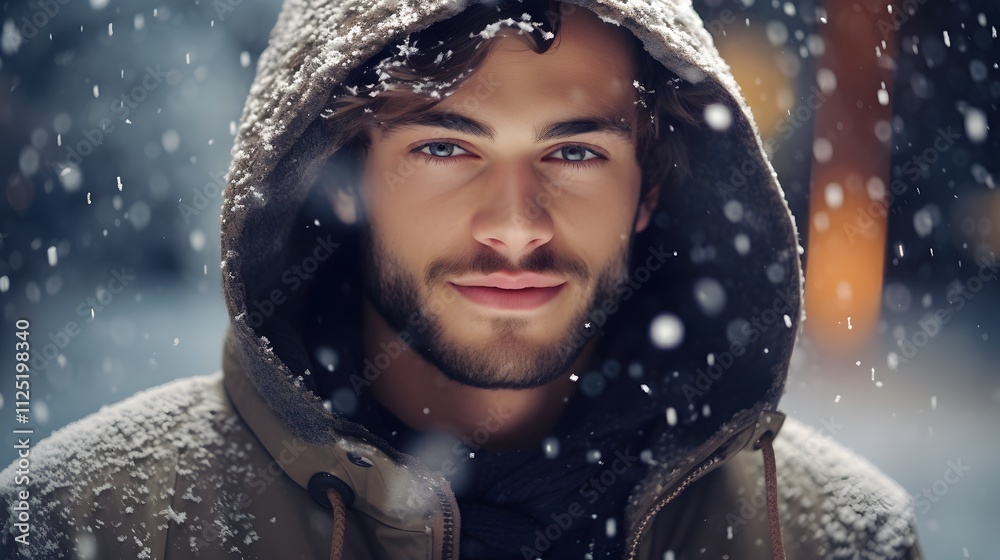 Young Handsome Man Wearing Winter Clothes Enjoying A Snowfall Young Handsome Man Wearing Winter Clothes Enjoying A Snowfall