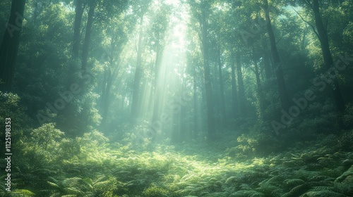 Sunbeams pierce misty forest, illuminating lush ferns.