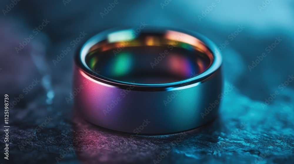 A metallic band showcasing vivid colors under soft lighting, blending hues to capture a beautiful, artistic representation on a textured dark background. A metallic band showcasing vivid colors under soft lighting, blending hues to capture a beautiful, artistic representation on a textured dark background.