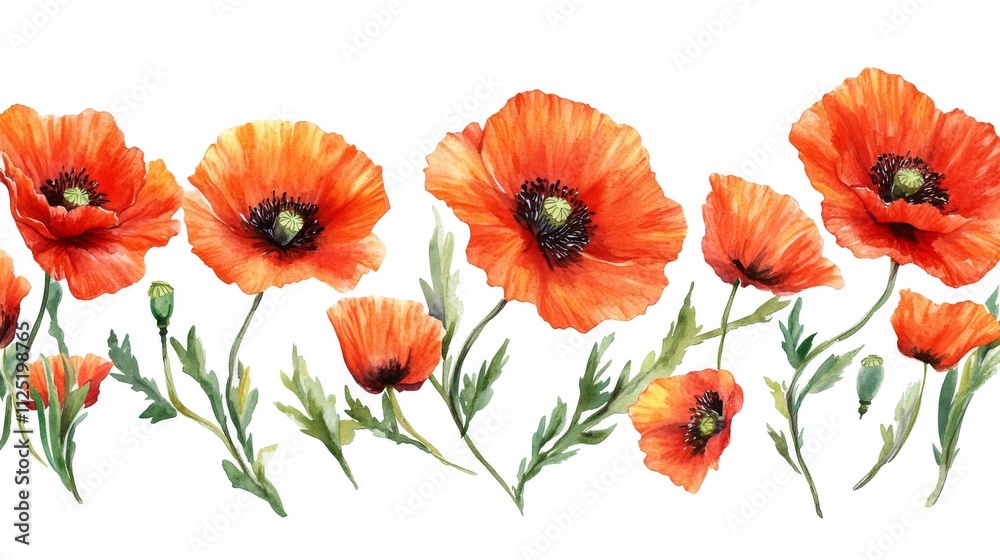 Obraz premium Watercolor Poppy Border Design - Beautiful Floral Art