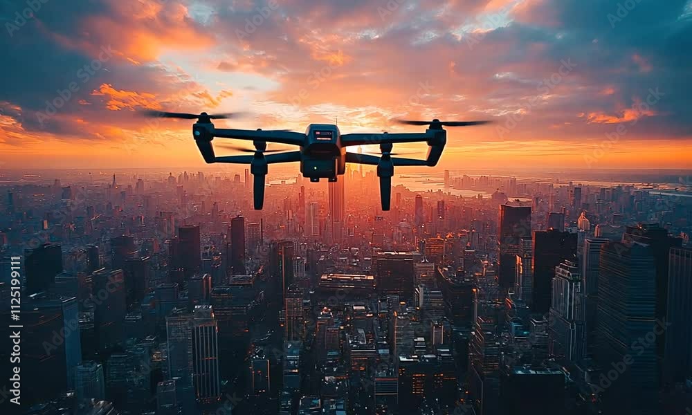 Drone flying over a city skyline at sunset. Drone flying over a city skyline at sunset.