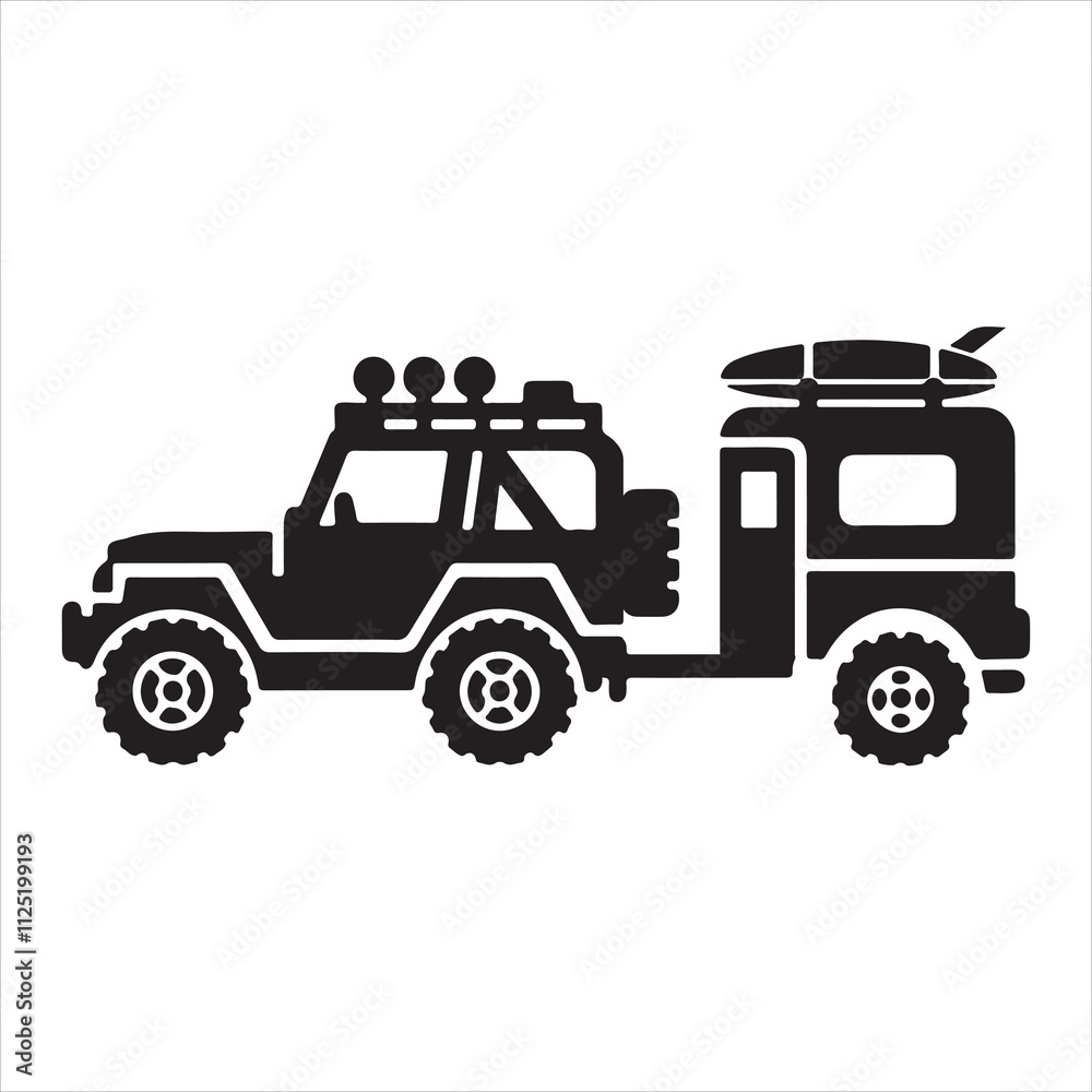 Off-road vehicle with trailer icon silhouette on white background
Off-road vehicle with trailer icon silhouette on white background