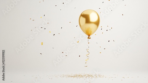 A simple and elegant New Year background with white space, a single gold balloon floating in the center, and subtle confetti falling gently from above