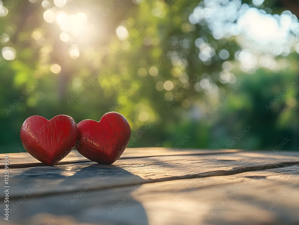 Two Wooden red Hearts On Rustic Table Two Wooden red Hearts On Rustic Table