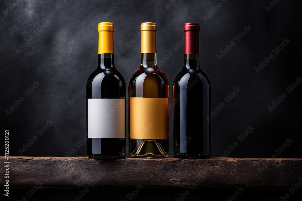 Detail of three premium wine bottles showcasing luxurious hues and elegant transparency Detail of three premium wine bottles showcasing luxurious hues and elegant transparency