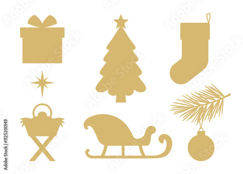 set of golden christmas icons: present, tree with star, stocking, nativity scene, santa sleigh and bauble with fir branch - vector illustration
