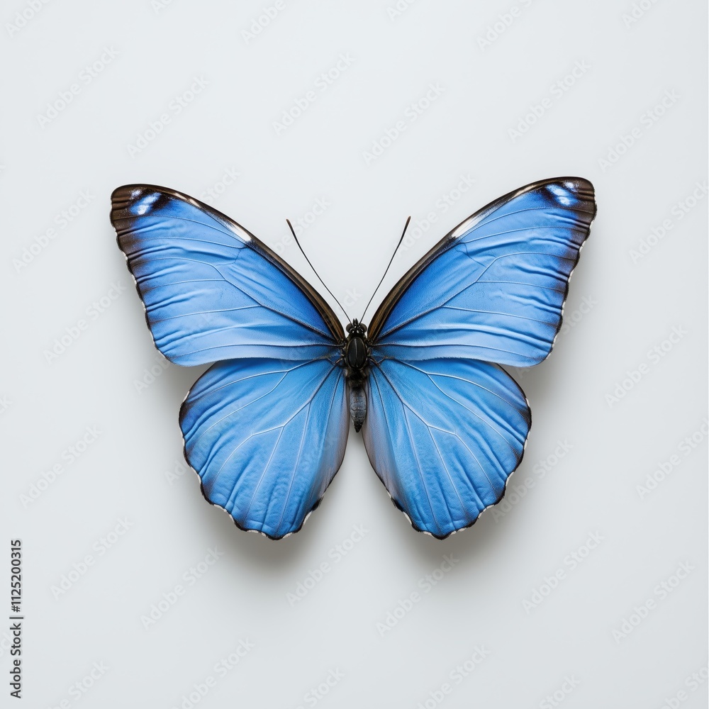 Fototapeta premium Close-up view of a vibrant blue butterfly set against a clean white background showcasing its delicate beauty and intricate patterns