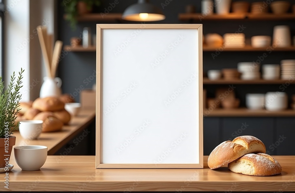 A cozy bakery interior features a wooden table displaying freshly baked bread rolls alongside an empty frame, creating an inviting atmosphere for customers to enjoy their treats A cozy bakery interior features a wooden table displaying freshly baked bread rolls alongside an empty frame, creating an inviting atmosphere for customers to enjoy their treats