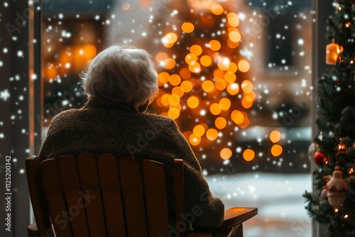 Back view of lonely old woman sitting by her selves at nursing home, Christmas time. Christmas Eve snowfall, New Year's background outside photo