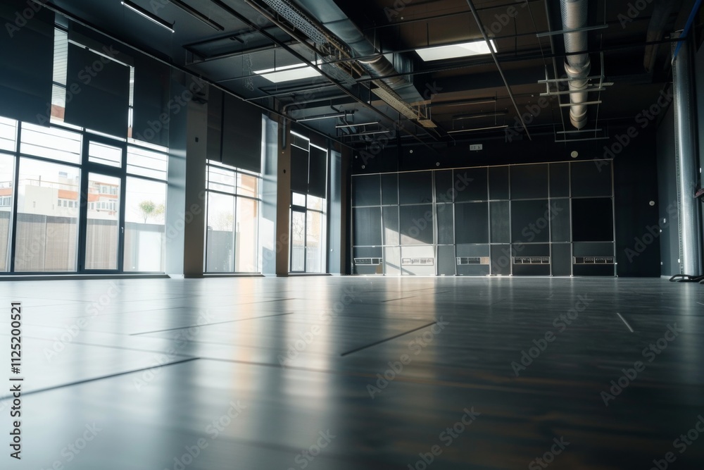 A spacious and well lit gym area features a polished floor and large windows creating an ideal environment for various workouts and exercise routines. A spacious and well lit gym area features a polished floor and large windows creating an ideal environment for various workouts and exercise routines.