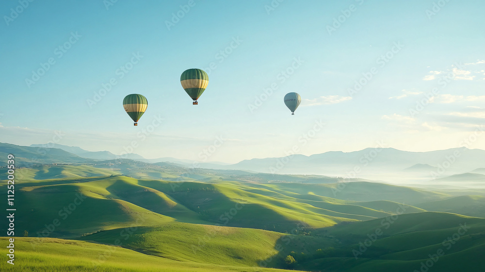 Obraz premium Hot air balloons soaring above rolling green hills under a clear blue sky