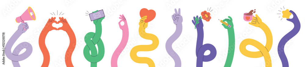 Comic flexible hands. Multicolored long stretched arms holding smartphone, megaphone, heart, cup of coffee, flower. Various gestures racy vector elements Comic flexible hands. Multicolored long stretched arms holding smartphone, megaphone, heart, cup of coffee, flower. Various gestures racy vector elements