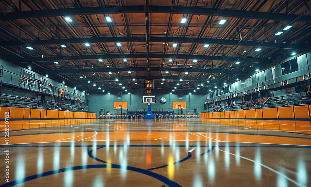 Indoor basketball court with wooden flooring and bright lighting.