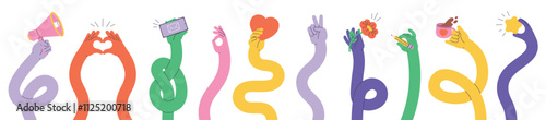 Comic flexible hands. Multicolored long stretched arms holding smartphone, megaphone, heart, cup of coffee, flower. Various gestures racy vector elements