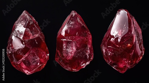 Red shimmering crystals of different sizes sit against a dark backdrop, revealing their intricate facets and natural beauty with gleaming highlights. photo