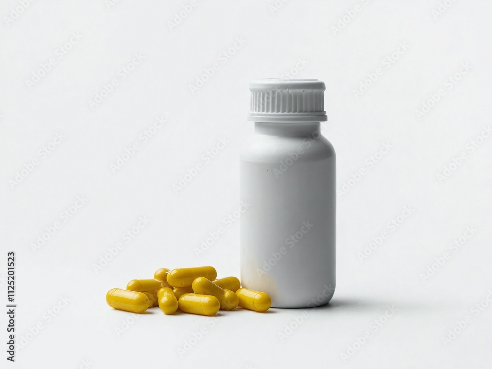 White bottle with yellow capsules on white background PNG transparent. White bottle with yellow capsules on white background PNG transparent.