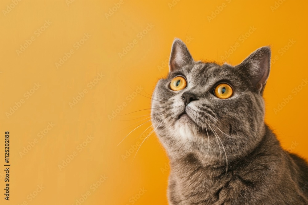 A quirky British Shorthair cat gazes upward with wide eyes displaying a humorous expression of shock against a vibrant orange backdrop. This playful moment captures feline curiosity perfectly. A quirky British Shorthair cat gazes upward with wide eyes displaying a humorous expression of shock against a vibrant orange backdrop. This playful moment captures feline curiosity perfectly.